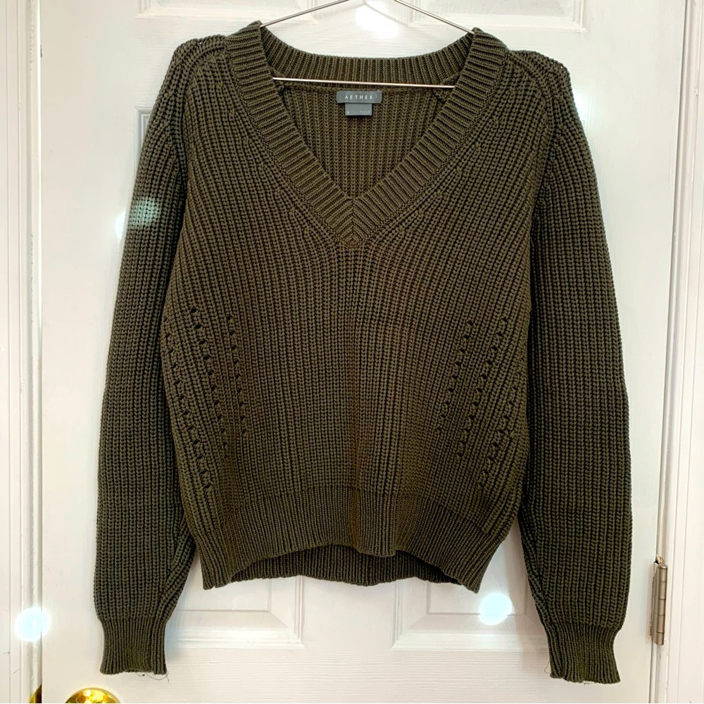 Aether Keaton Sweater cotton nylon blend v-neck dark green sz S